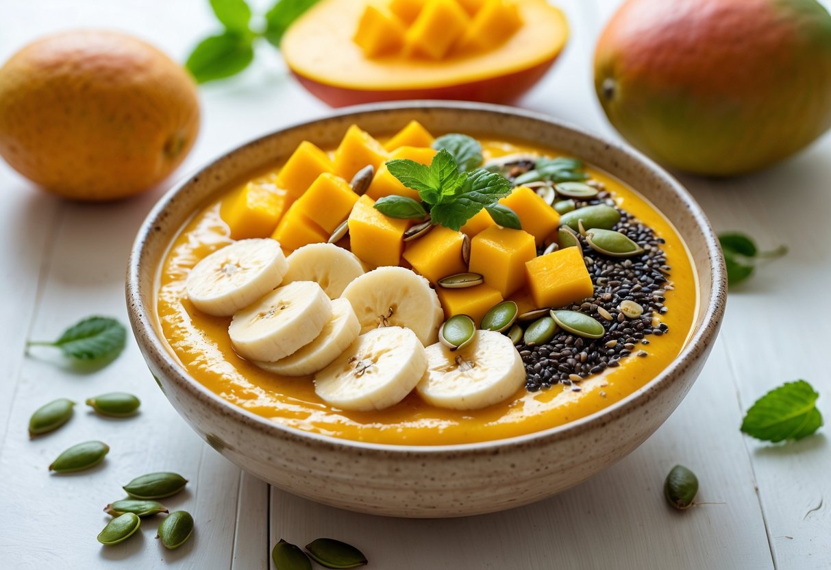 A bowl of pumpkin mango smoothie topped with fresh mango cubes, pumpkin seeds, banana slices, chia seeds, and granola on a wooden table with fresh mango and pumpkin nearby.