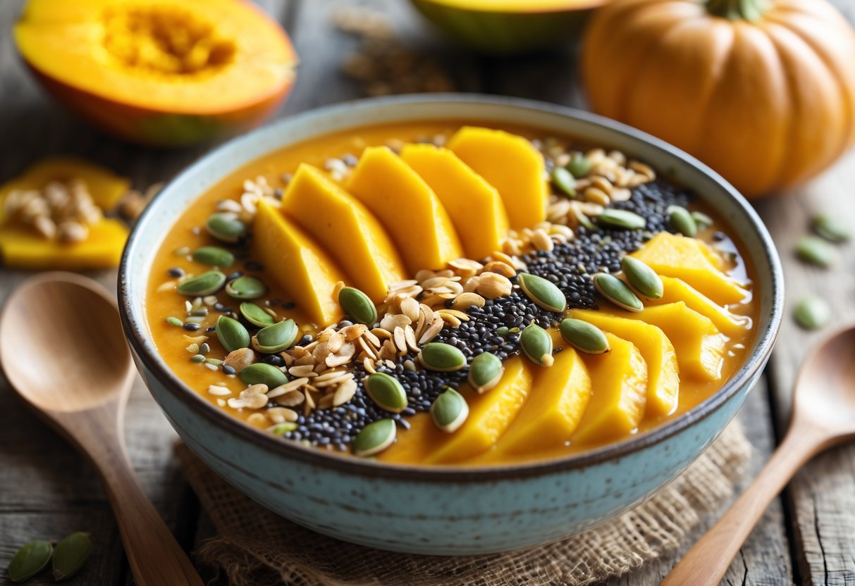 A smoothie bowl topped with mango slices, pumpkin seeds, chia seeds, and granola on a wooden table with fresh mango halves and a small pumpkin nearby.