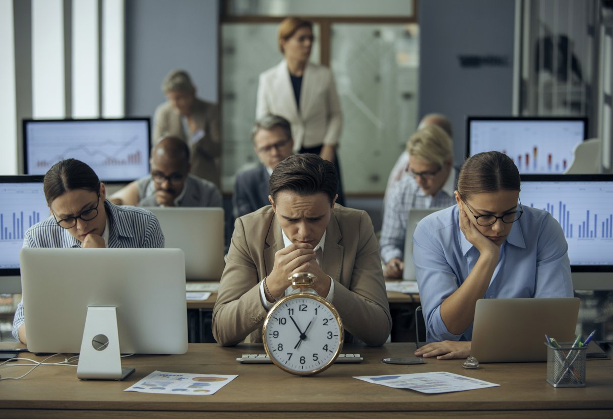Office workers looking stressed and overwhelmed while working at their desks with computers and papers, one person checking the time on a clock.