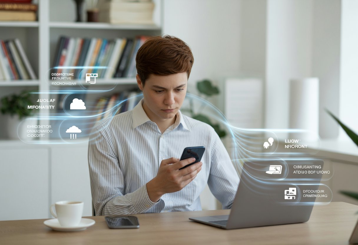 A person sitting at a desk looking thoughtfully at a smartphone and laptop, surrounded by floating digital icons representing information and memory.