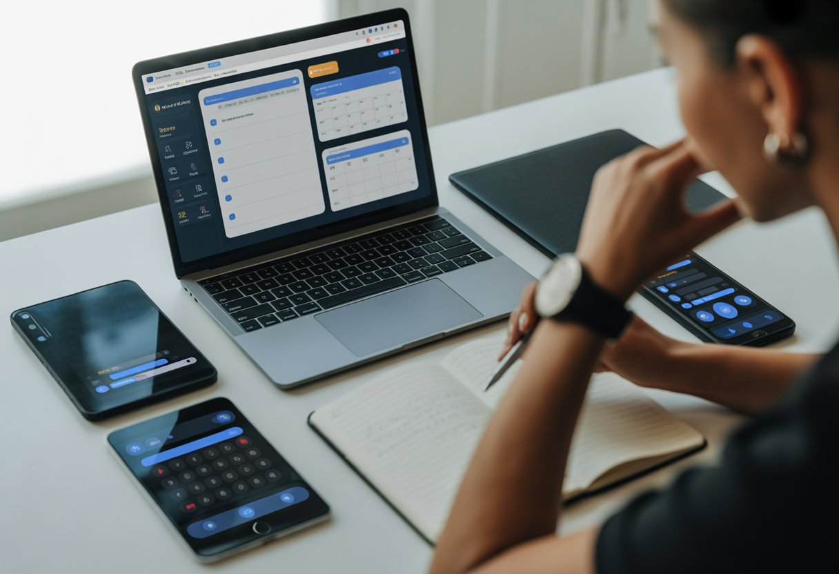 Person sitting at a desk with a laptop, smartphone, tablet, and notebook, thoughtfully looking at the laptop screen surrounded by digital devices displaying notifications.