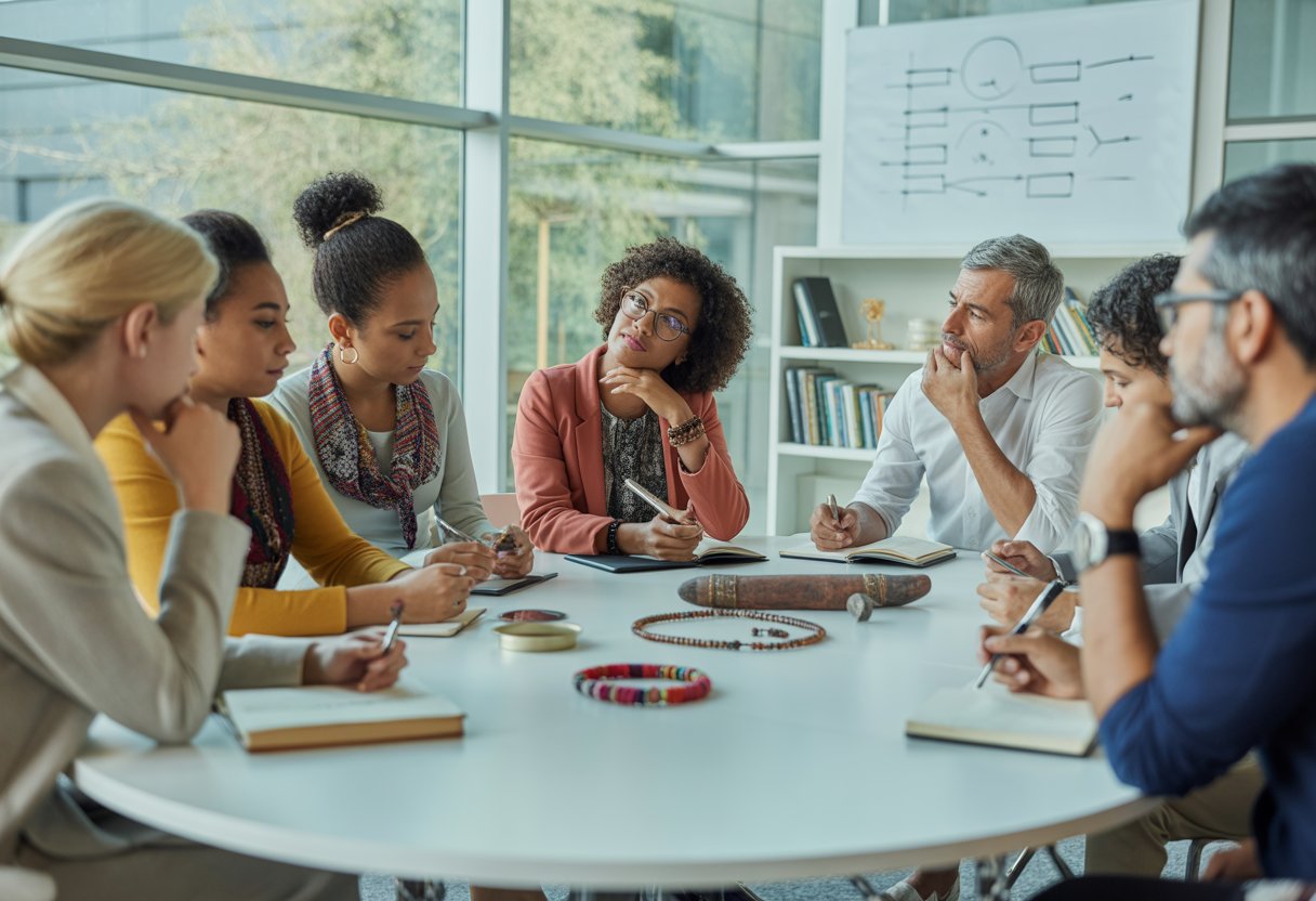 A diverse group of people from different cultures having a thoughtful discussion around a conference table in a bright office.