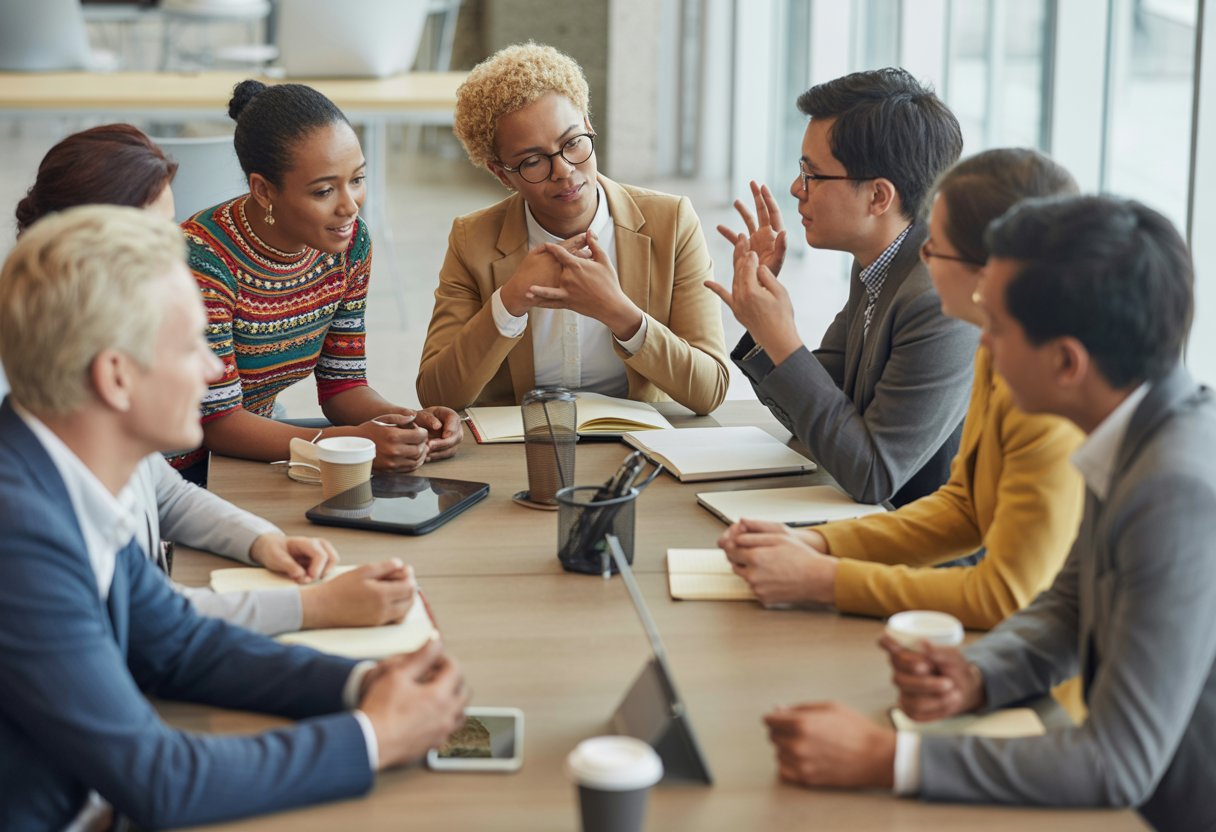 A diverse group of people from different cultures having a thoughtful discussion around a conference table in a bright office.
