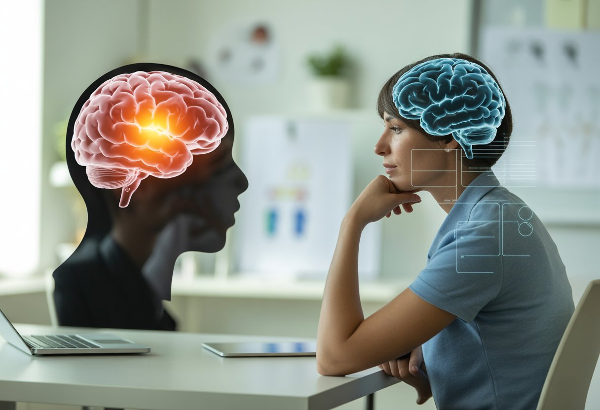 A person sitting at a desk, thoughtfully looking at a glowing brain illustration on one side and a logical flowchart on the other, representing moral intuition and moral reasoning.