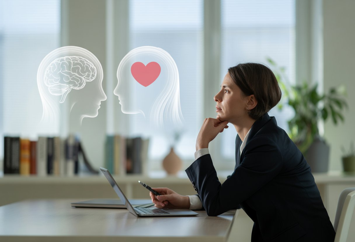 A person sitting at a desk looking thoughtfully at a digital display showing symbols of the brain and heart in a bright office.