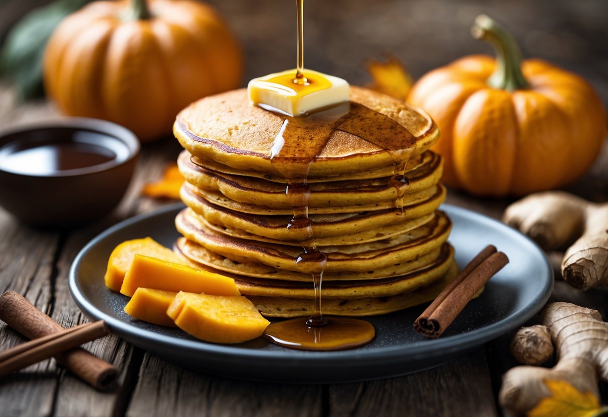 A stack of pumpkin-ginger pancakes with butter and maple syrup on a wooden table surrounded by pumpkin slices, ginger root, and cinnamon sticks.