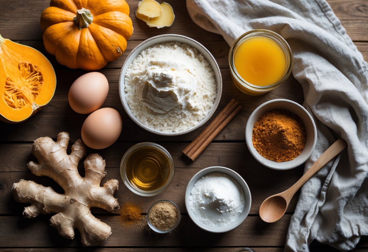 A wooden table with fresh pumpkin pieces, ginger root, eggs, flour, honey, cinnamon sticks, nutmeg, almond milk, and baking powder arranged for making pumpkin-ginger pancakes.