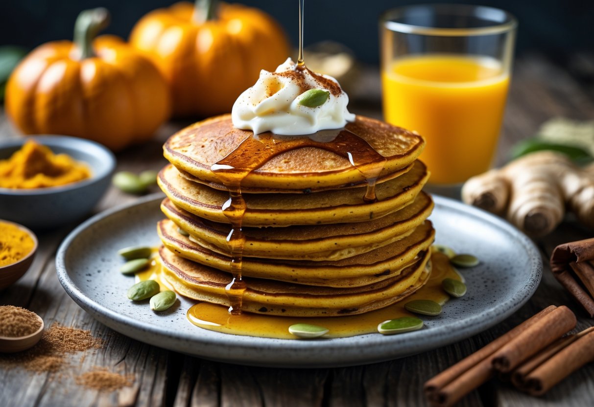 A stack of pumpkin-ginger pancakes topped with yogurt and syrup on a wooden table with pumpkin slices and cinnamon sticks nearby.
