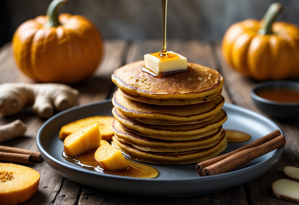 A stack of pumpkin-ginger pancakes topped with syrup and butter on a wooden table, surrounded by pumpkin slices and ginger root.
