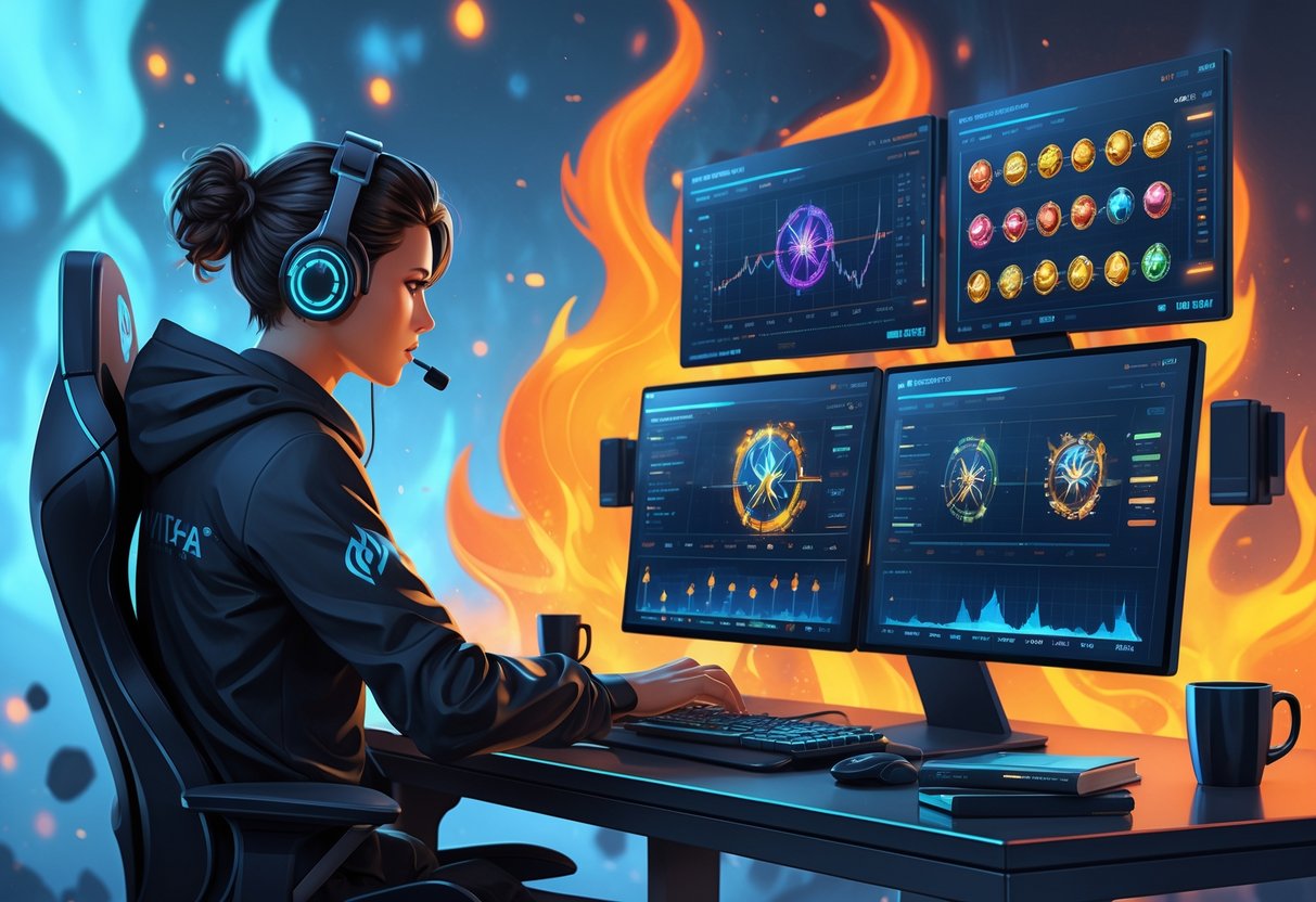 Seorang analis duduk di depan layar digital yang menampilkan grafik dan gulungan permainan dengan latar belakang elemen api dan mistis yang menggambarkan tema permainan Wrath of Nezha.