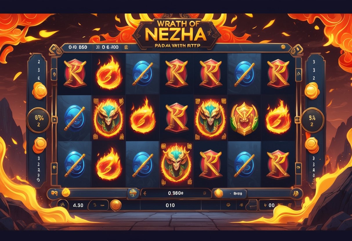 Ilustrasi antarmuka permainan dengan gulungan berputar dan grafik analisis yang menggambarkan pola spin dan RTP pada permainan Wrath of Nezha.