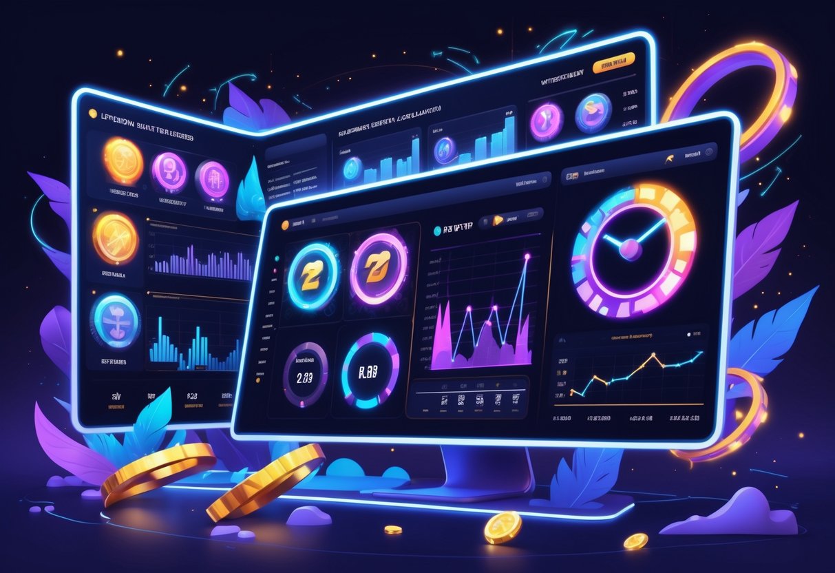 Ilustrasi profesional menampilkan dashboard digital dengan grafik pola putaran dan RTP, serta jam yang menunjukkan waktu terbaik untuk bermain Wrath of Nezha.
