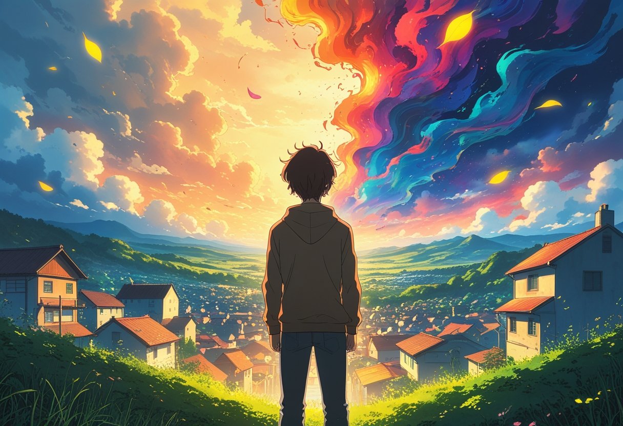 Uma pessoa olhando hesitante para uma paisagem desconhecida além de uma cidade acolhedora, mostrando medo e curiosidade diante do novo.