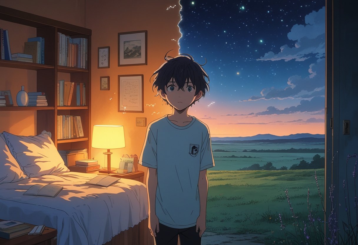 Uma pessoa jovem está na porta entre um quarto aconchegante e um vasto campo sob um céu estrelado, olhando pensativa para os dois lados.