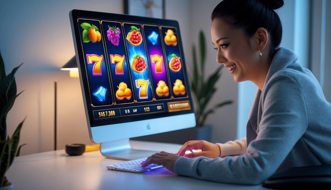 Seorang pemain dewasa fokus bermain permainan slot online di komputer di ruang tamu yang nyaman.