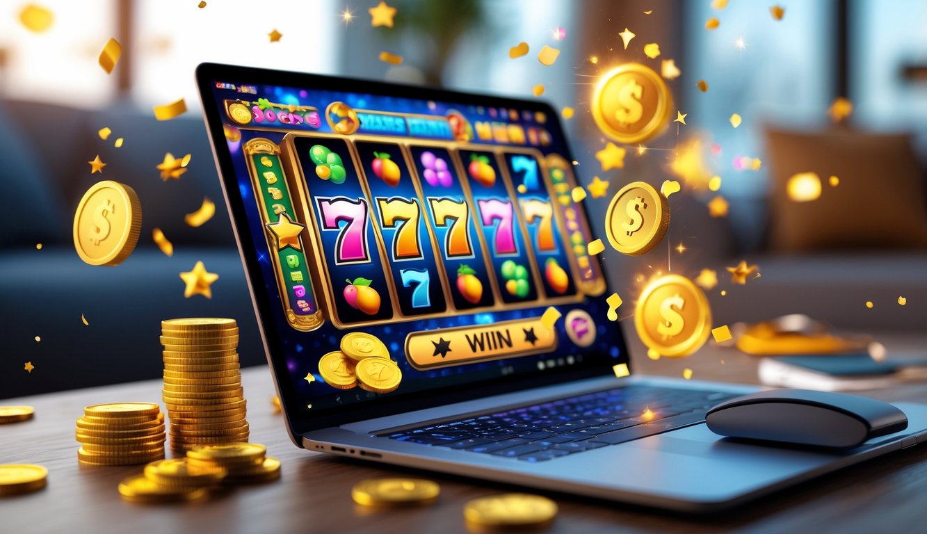 Seorang pemain sedang menggunakan laptop dengan tampilan permainan slot online yang penuh warna dan simbol menarik, dikelilingi oleh elemen visual yang menggambarkan bonus dan hadiah.