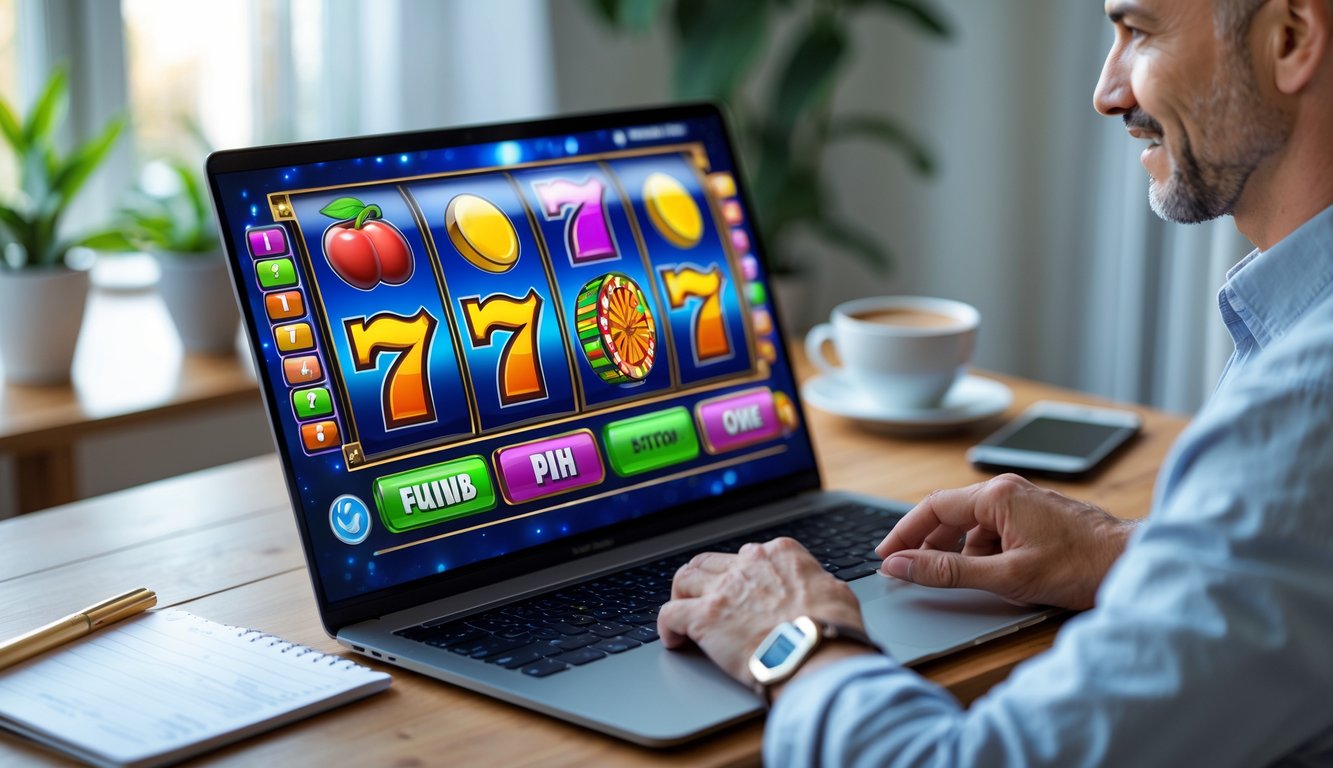 Seorang pemain dewasa sedang bermain permainan slot online di komputer dengan latar ruangan rumah yang nyaman.