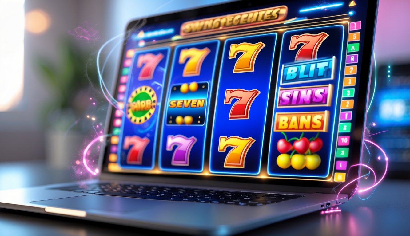 Seorang pemain sedang menikmati permainan slot online di komputer dengan layar menampilkan gulungan slot berwarna-warni yang berputar.