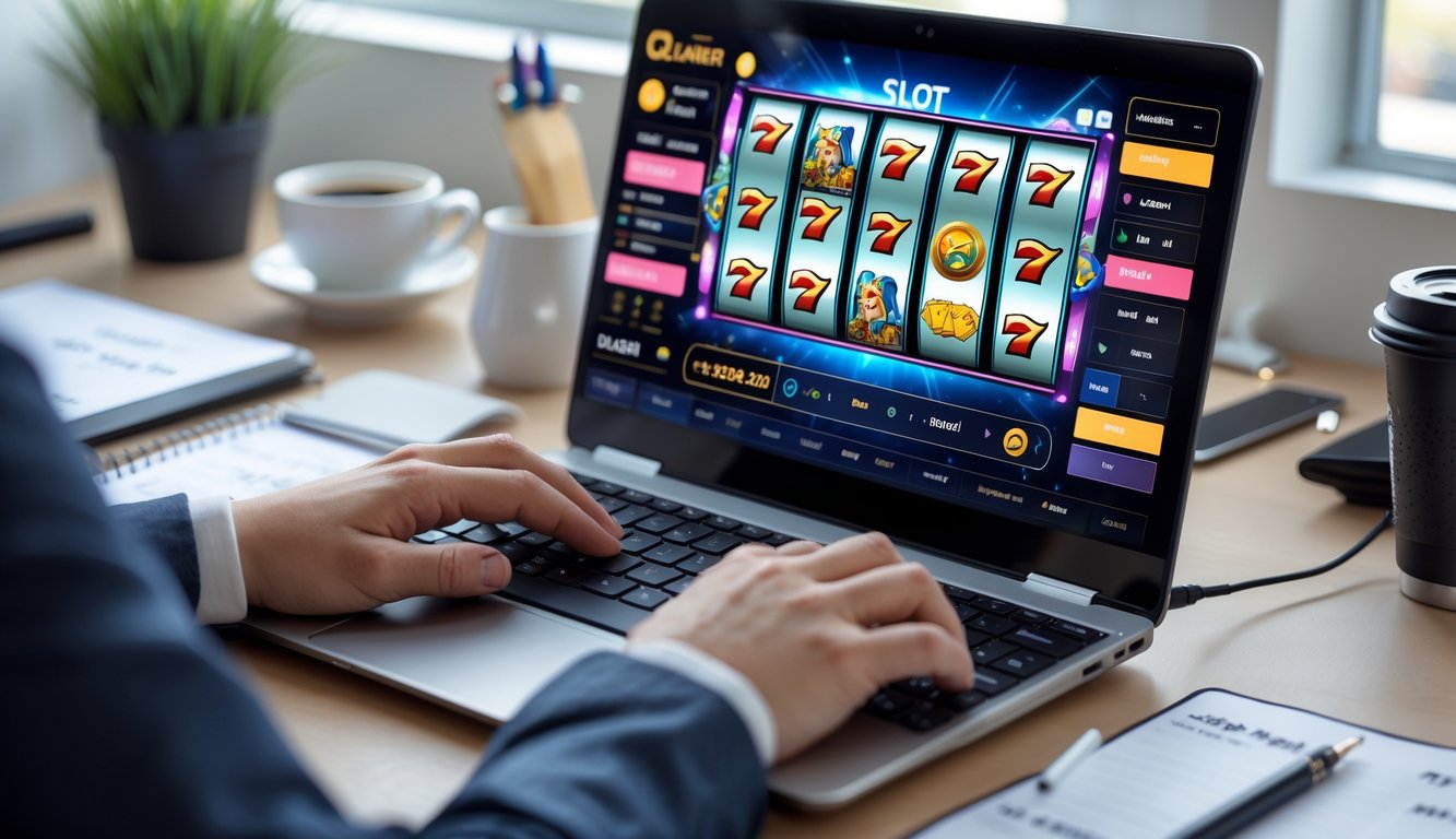 Seorang pria sedang menggunakan laptop di meja kerja dengan grafik mesin slot dan catatan strategi di sekitarnya.