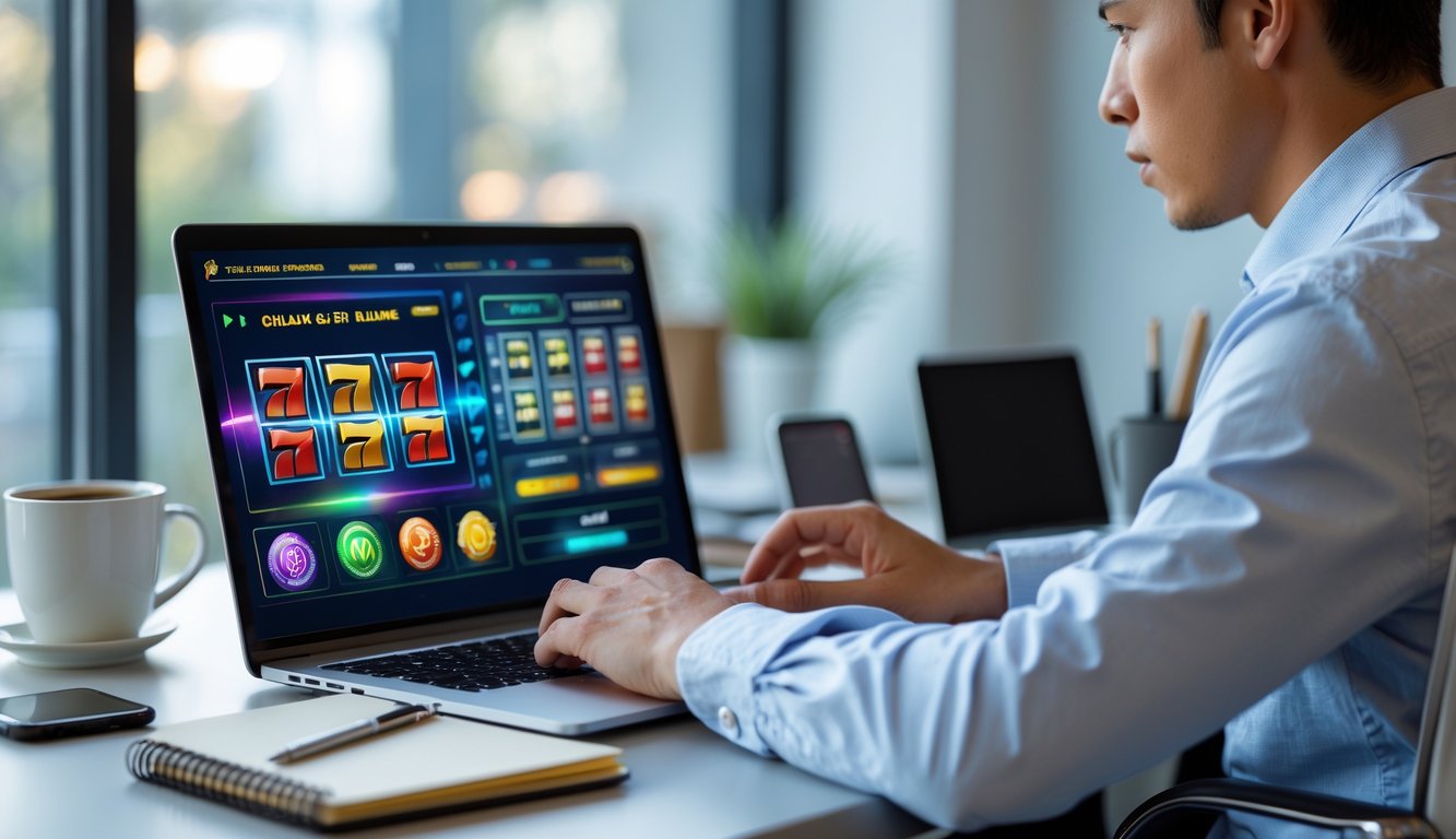 Seorang dewasa muda duduk di meja kerja dengan laptop, melihat layar yang menampilkan grafik permainan slot online, di sekitar meja terdapat buku catatan, pena, dan kopi.