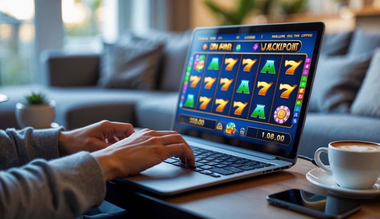 Seseorang sedang bermain permainan slot online di laptop di ruang tamu yang nyaman.