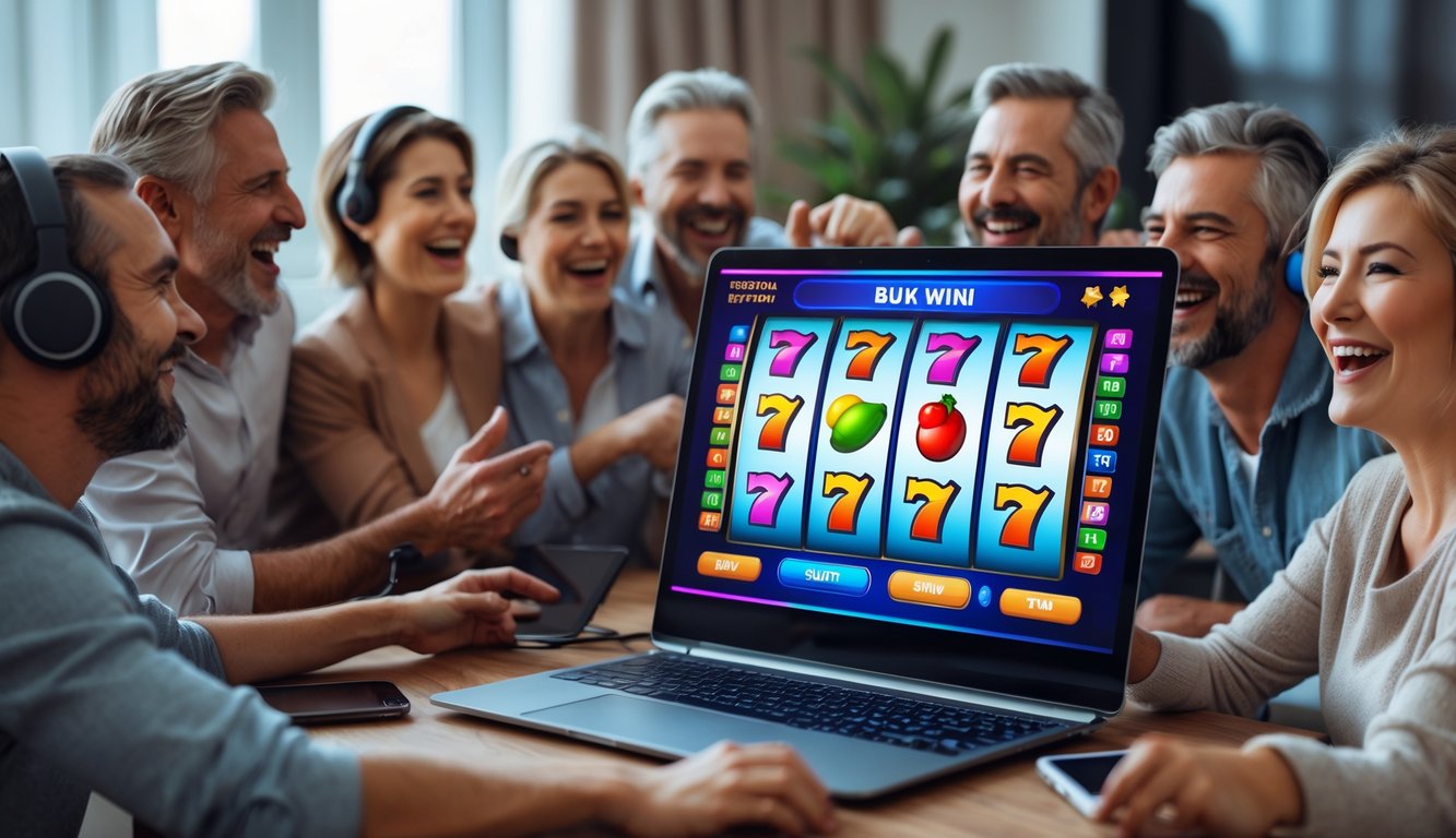 Orang-orang sedang bermain game slot online di komputer dengan ekspresi senang dan antusias di ruang tamu yang nyaman.