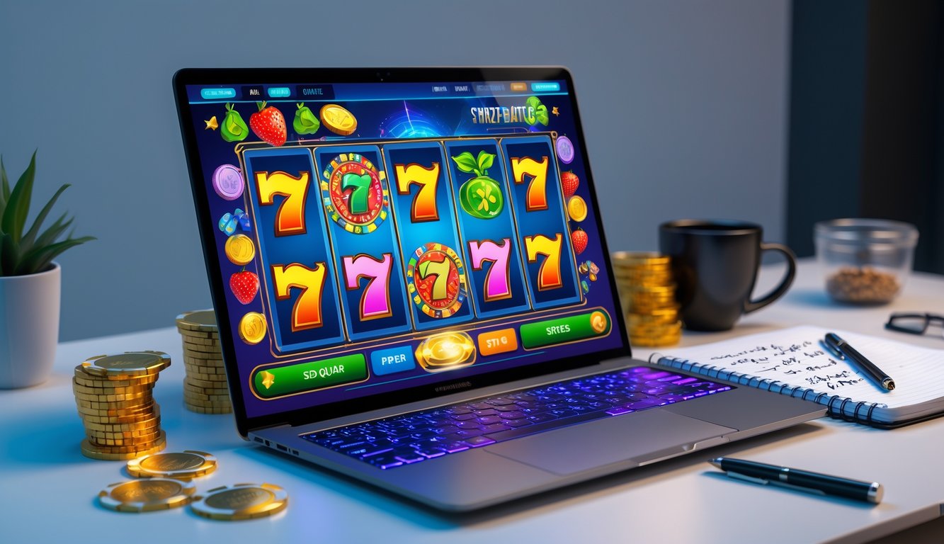 Seorang pemain sedang menggunakan laptop dengan permainan slot online yang berwarna-warni, di sampingnya terdapat buku catatan dan pena di meja kerja yang rapi.