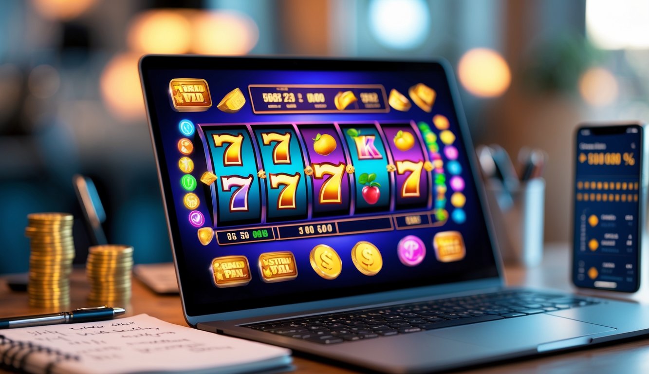 Seorang pemain menggunakan komputer dengan tampilan permainan slot online berwarna-warni, di meja terdapat buku catatan dan ponsel yang menunjukkan statistik permainan.