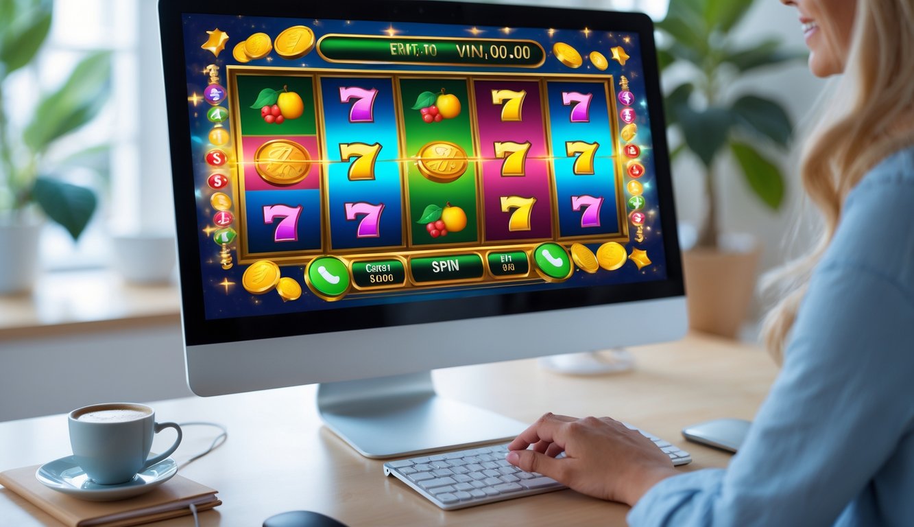 Tampilan layar komputer dengan permainan slot online berwarna-warni dan tangan seseorang siap menekan tombol spin di meja kerja.
