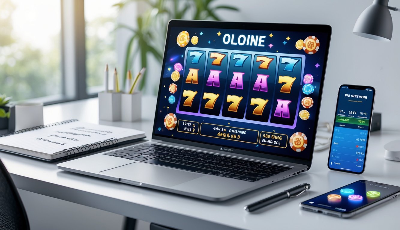 Seorang pria duduk di depan laptop dengan layar menampilkan permainan slot online, di meja terdapat buku catatan dan ponsel yang menunjukkan data, suasana terang dan rapi.