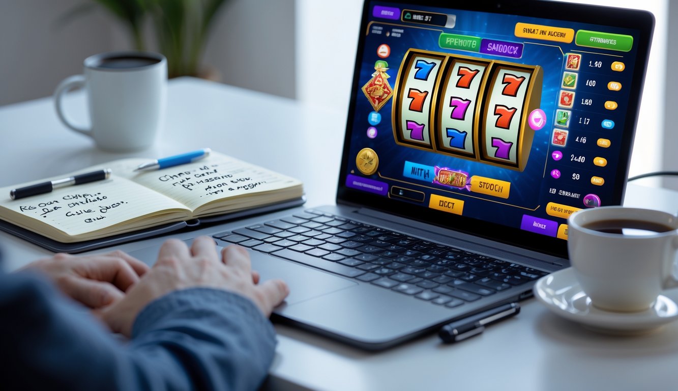 Seorang pemain sedang menggunakan laptop dengan permainan slot online di layar, di sampingnya terdapat buku catatan dan pena di meja kerja yang rapi.