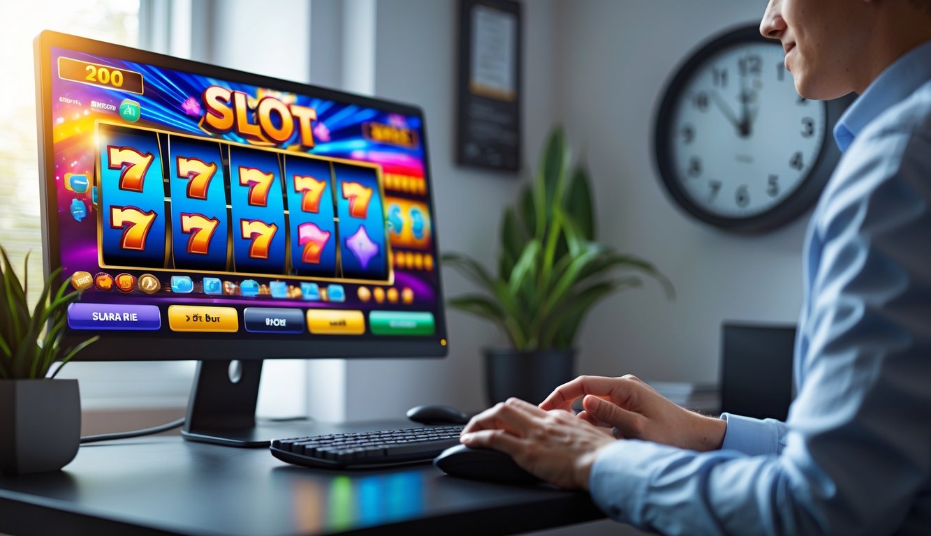 Seseorang bermain game slot online di komputer dengan kalender dan jam di latar belakang.