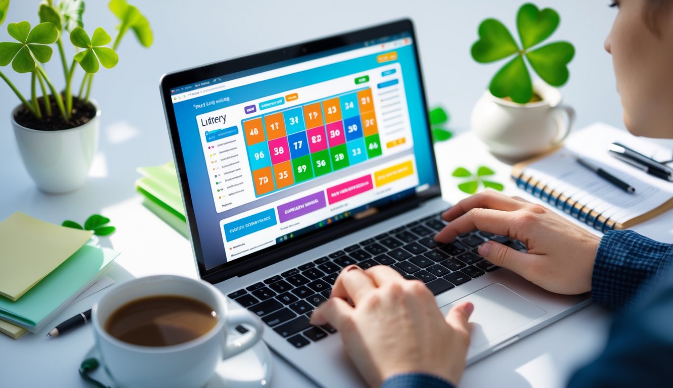 Seseorang menggunakan laptop di meja kerja dengan tampilan situs lotere online dan beberapa elemen keberuntungan di sekitar.