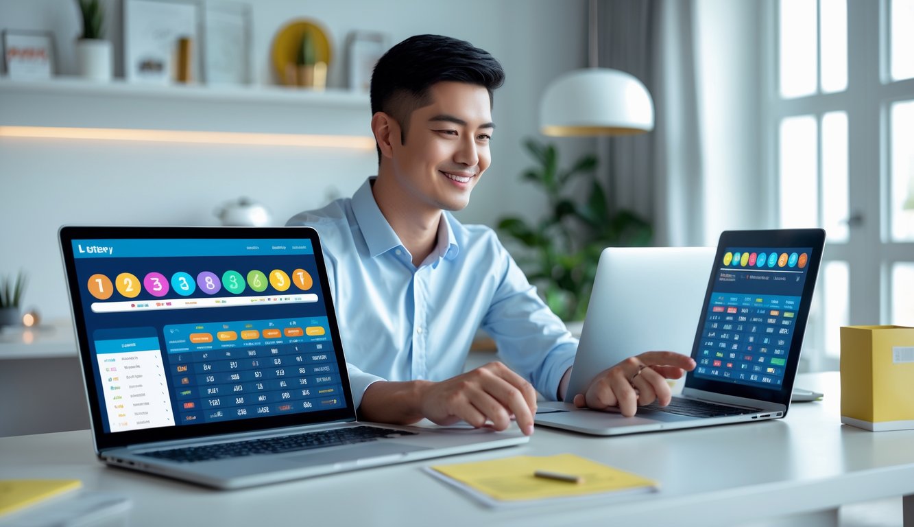 Seorang pria muda duduk di meja kerja modern dengan laptop dan ponsel yang menampilkan antarmuka lotere online, di ruang kerja yang terang dan minimalis.