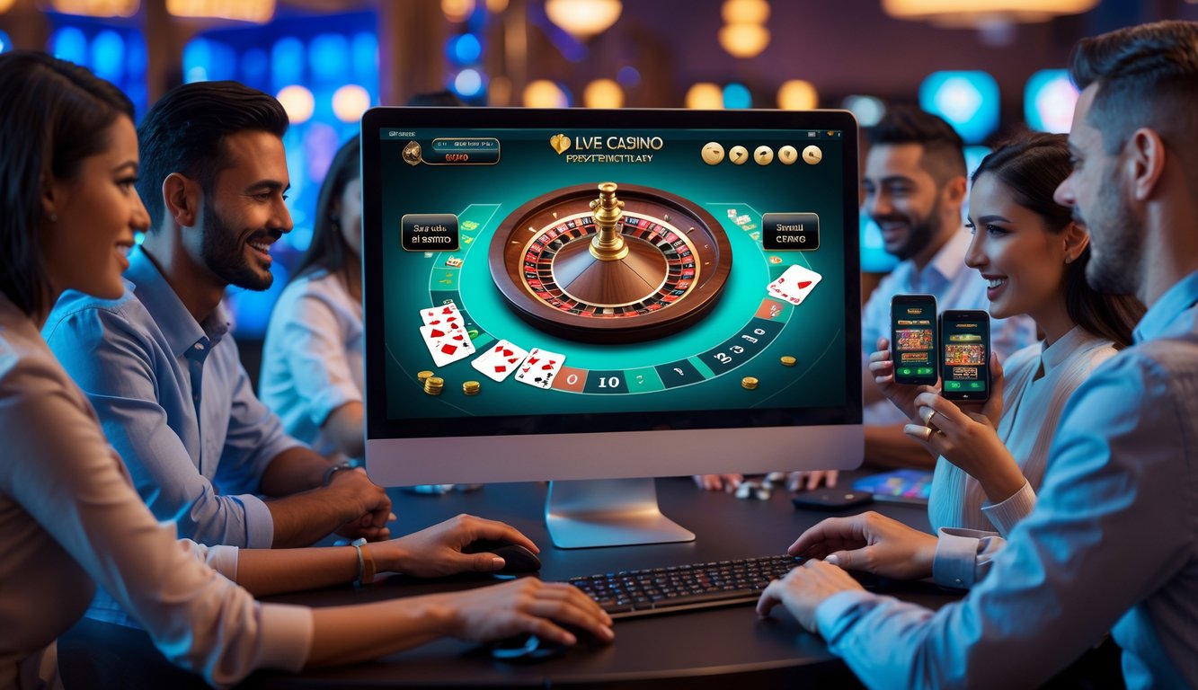 Beberapa orang menggunakan komputer dan ponsel untuk bermain permainan kasino langsung secara online di lingkungan yang nyaman dan modern.