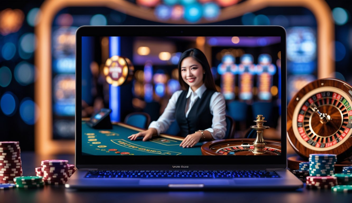 Seorang dealer kasino yang ramah tampil di layar komputer dengan chip poker dan kartu di sekitarnya, menggambarkan pengalaman bermain kasino langsung secara online.