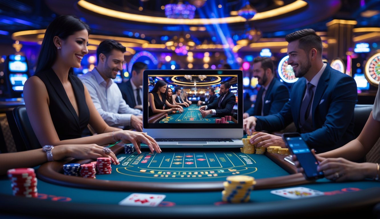 Seorang dealer kasino nyata sedang membagikan kartu di meja blackjack dengan beberapa pemain yang berinteraksi melalui laptop dan ponsel mereka dalam suasana kasino online yang hidup dan menarik.