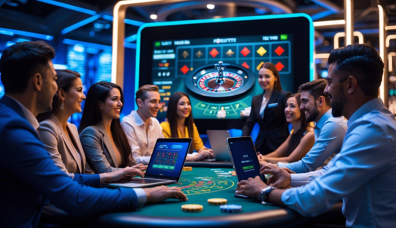 Sejumlah pemain sedang bermain game kasino langsung secara online dengan dealer di layar digital, di sekitar meja permainan dengan chip dan kartu.