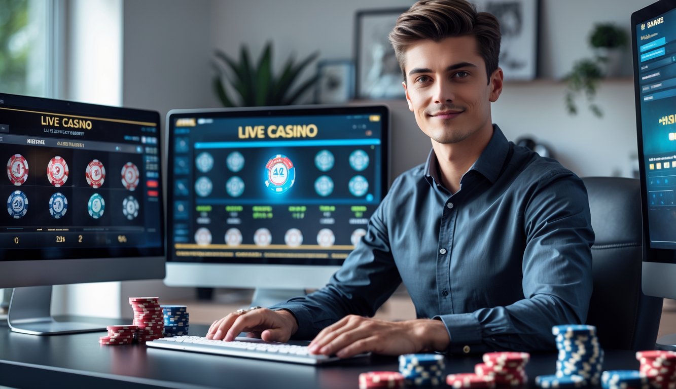 Seorang pria muda duduk di depan beberapa layar komputer yang menampilkan permainan kasino online, tampak fokus dan percaya diri di ruang kerja modern.