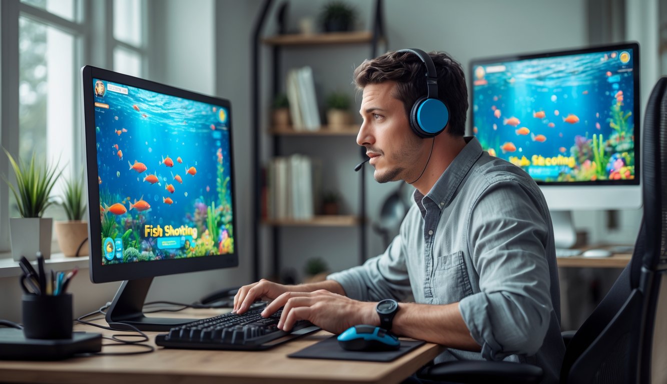 Seorang pria muda sedang fokus bermain permainan tembak ikan online di komputer di sebuah ruang kerja yang nyaman.