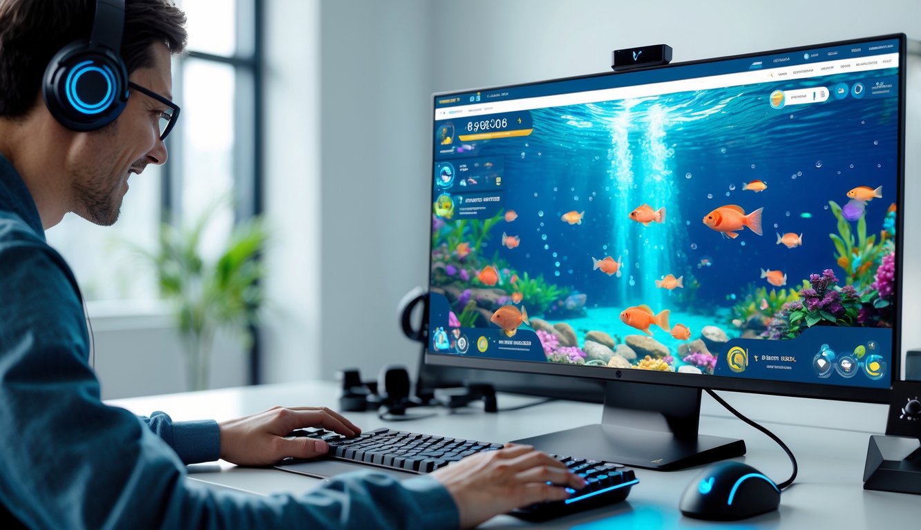 Seseorang bermain permainan tembak ikan online di depan layar komputer di ruang kerja modern.