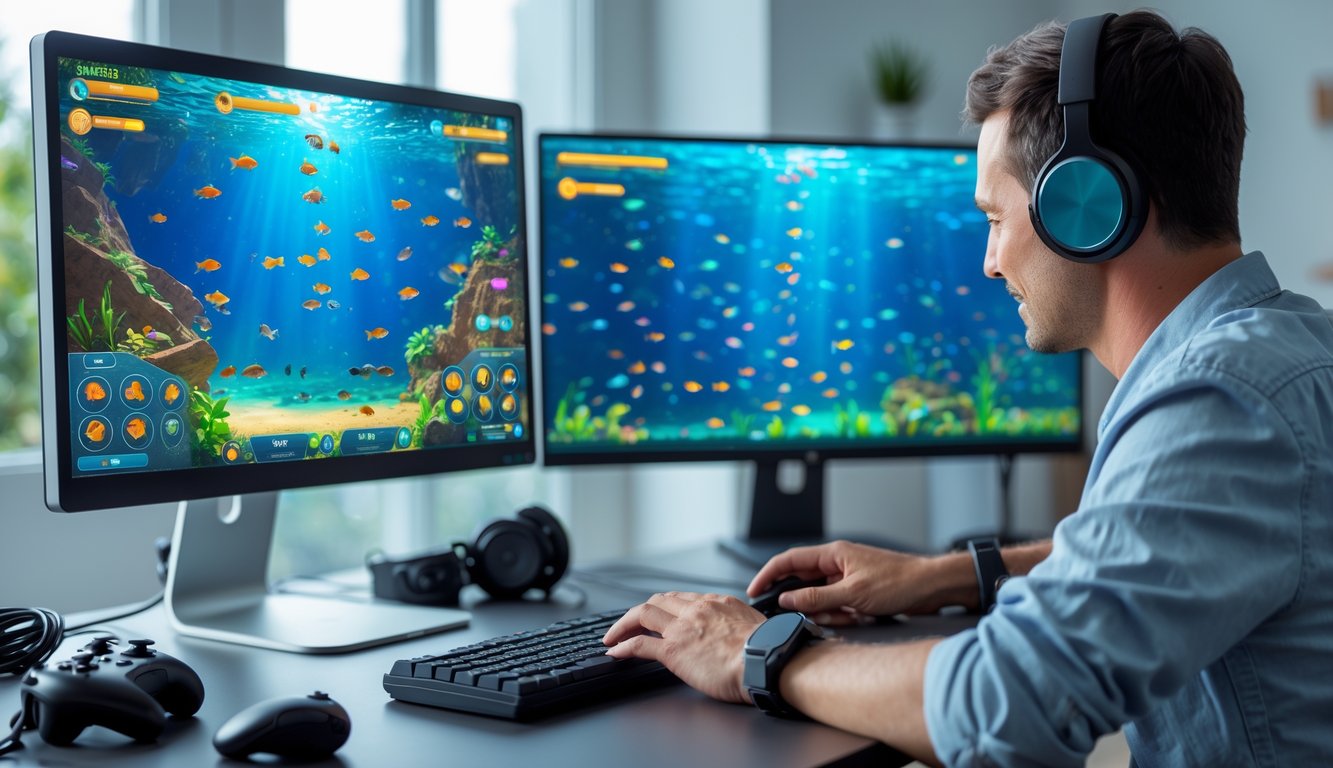 Seorang pemain fokus menggunakan komputer untuk bermain permainan menembak ikan online dengan layar menampilkan ikan berwarna-warni dan target di bawah air.