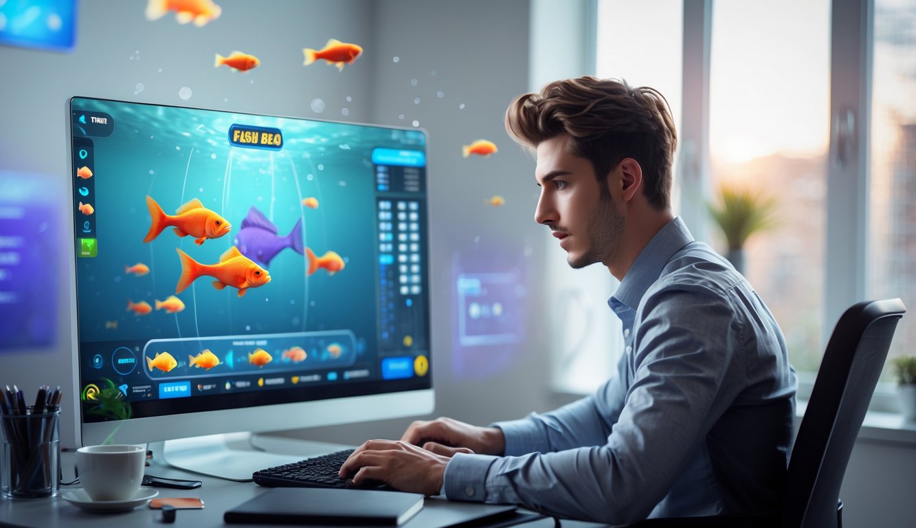 Seorang pria muda duduk di meja dengan komputer yang menampilkan permainan judi tembak ikan online, terlihat fokus dan serius bermain.