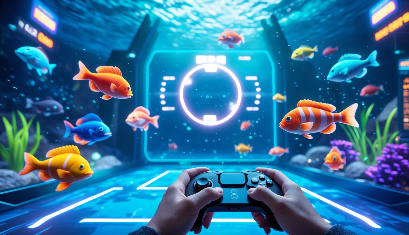 Seorang pemain sedang menggunakan pengendali permainan dengan latar belakang ikan-ikan berwarna-warni di bawah laut digital.