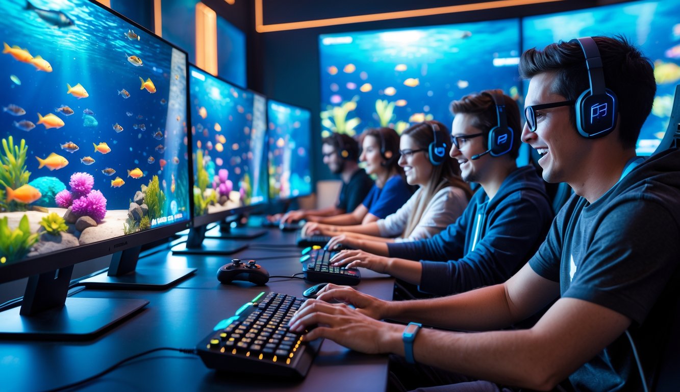 Beberapa orang sedang bermain permainan menembak ikan online dengan layar komputer menampilkan ikan warna-warni di ruangan gaming.