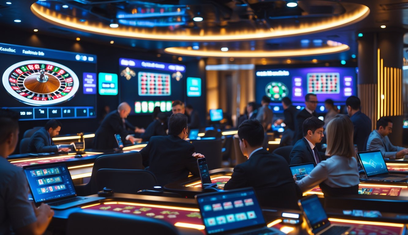 Sejumlah orang bermain taruhan di meja kasino virtual dengan layar besar dan perangkat digital.