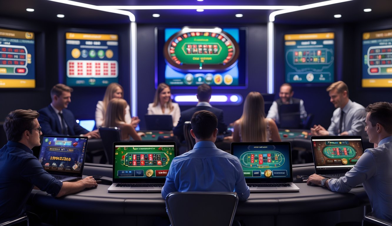 Sekelompok orang bermain permainan kasino langsung secara online menggunakan laptop dan tablet di ruangan modern dengan suasana profesional.