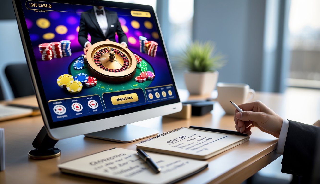 Seorang pemain sedang menggunakan laptop untuk bermain kasino langsung online dengan tumpukan chip, kartu, dan roda roulette di layar, di meja terdapat catatan dan pena.