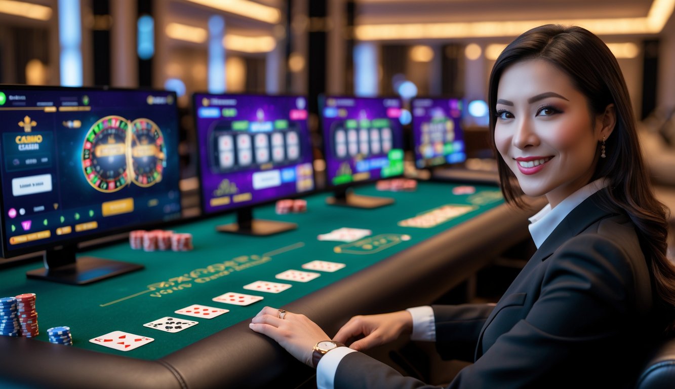 Seorang dealer kasino wanita sedang melayani pemain secara langsung melalui komputer dengan meja kasino dan peralatan permainan di sekitarnya.