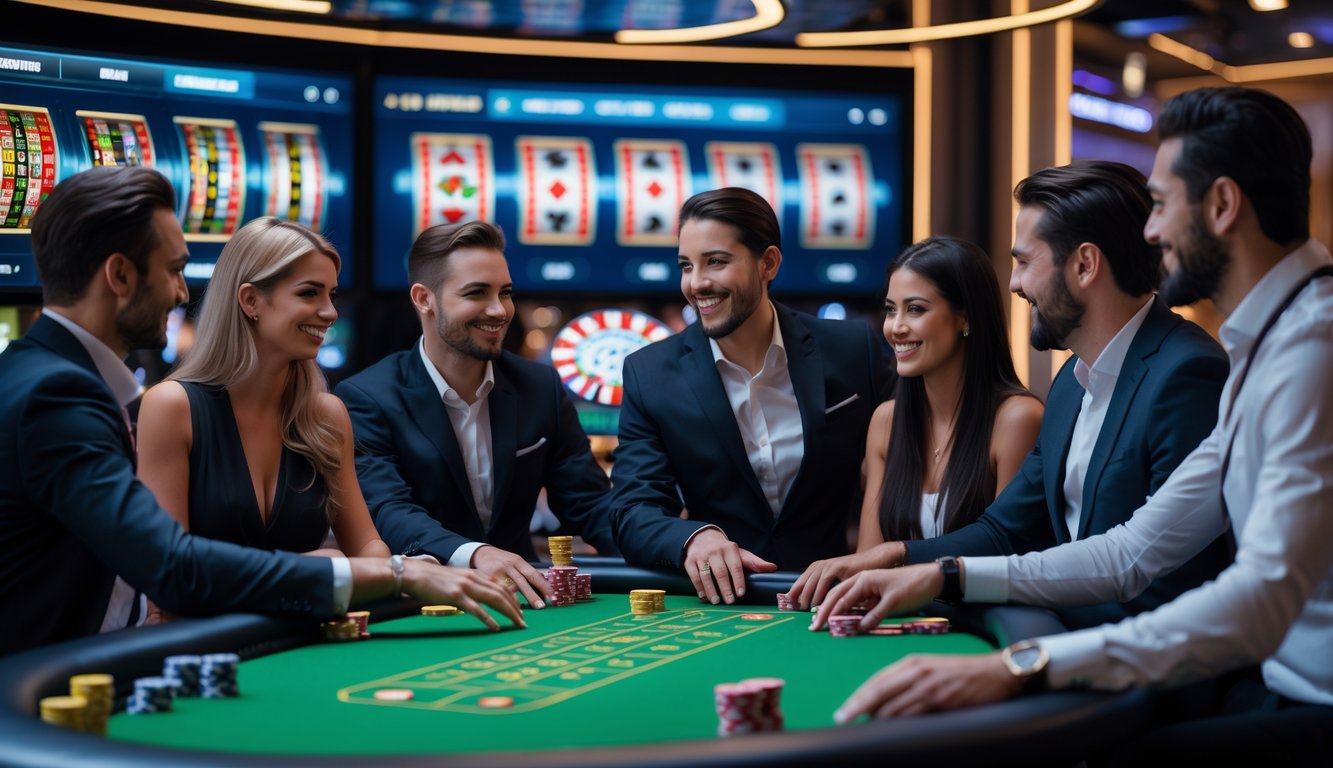 Orang-orang bermain permainan kasino klasik secara online dengan dealer langsung di layar besar dalam suasana modern dan menyenangkan.